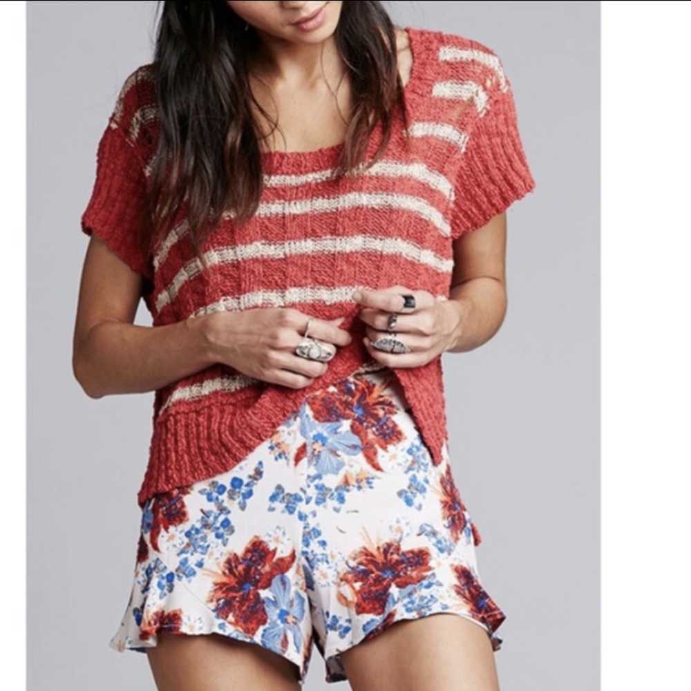 Free People Top Short Sleeve Open Knit High Low Hemline Striped Women's Medium